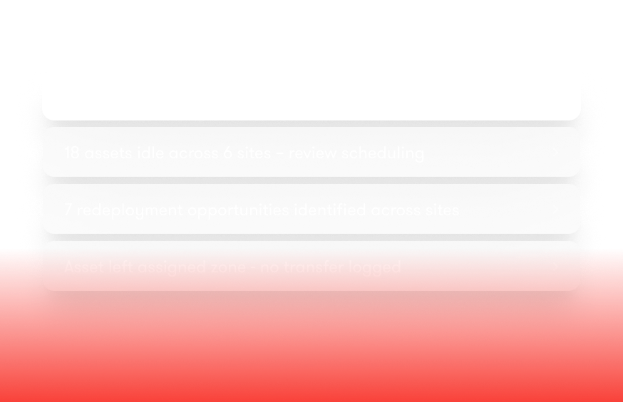 Blurred dashboard lists prioritized actions like 11 assets due for service and 18 idle across 6 sites, with a red gradient below. Fleet management.