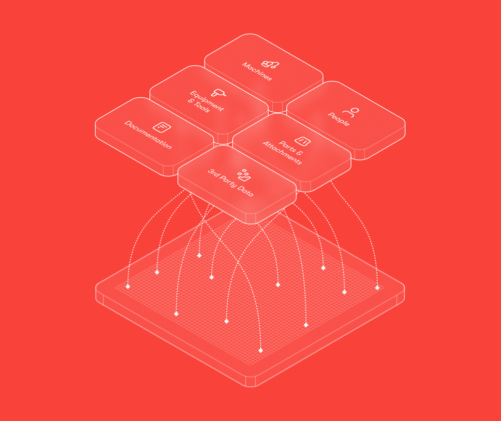 Isometric diagram on a red background showing labeled blocks linked to a base platform, illustrating connected jobsite elements.