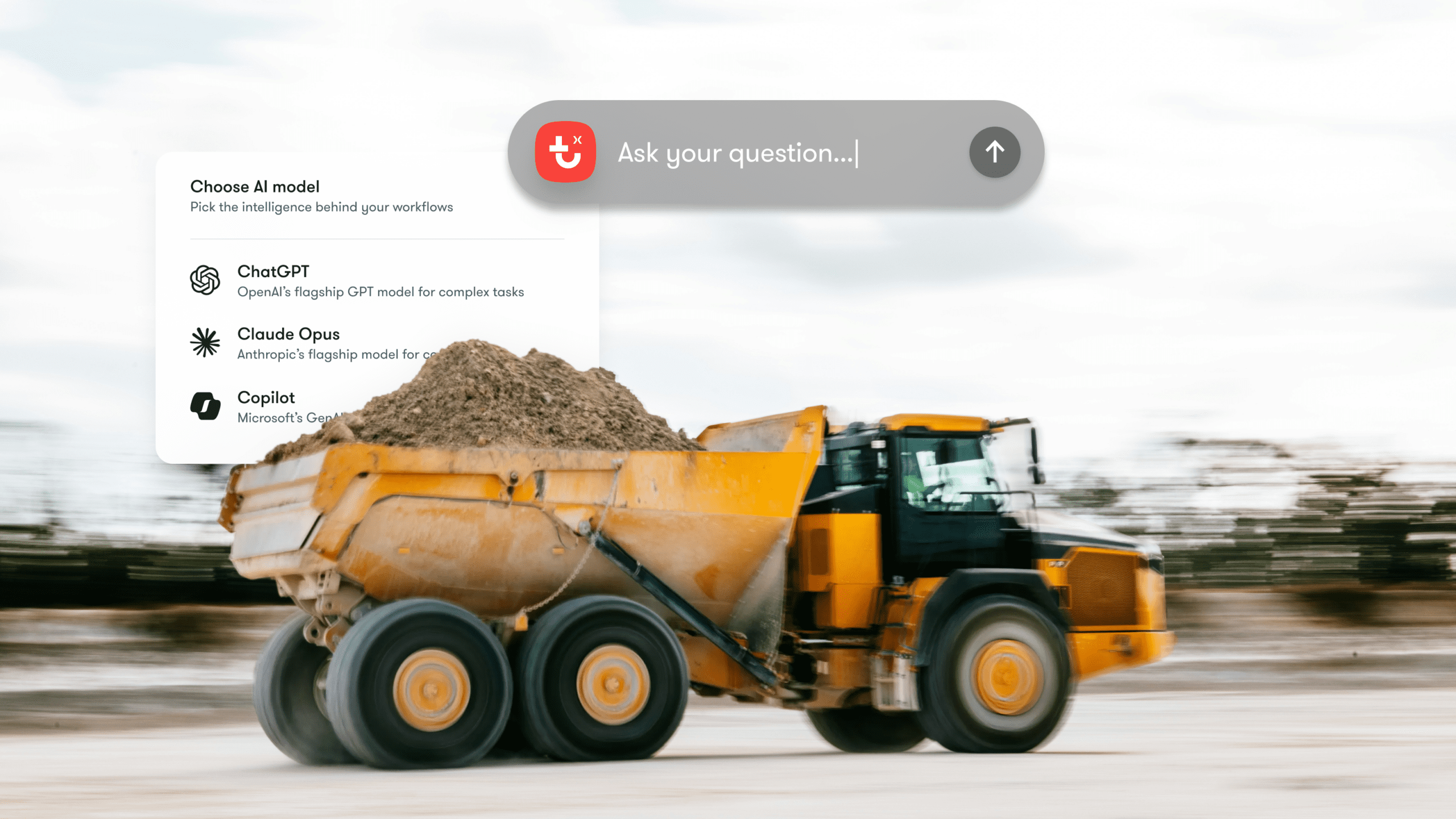 A yellow dump truck filled with dirt drives across a construction site; UI for AI models and Trackunit IrisX MCP construction IoT integration.