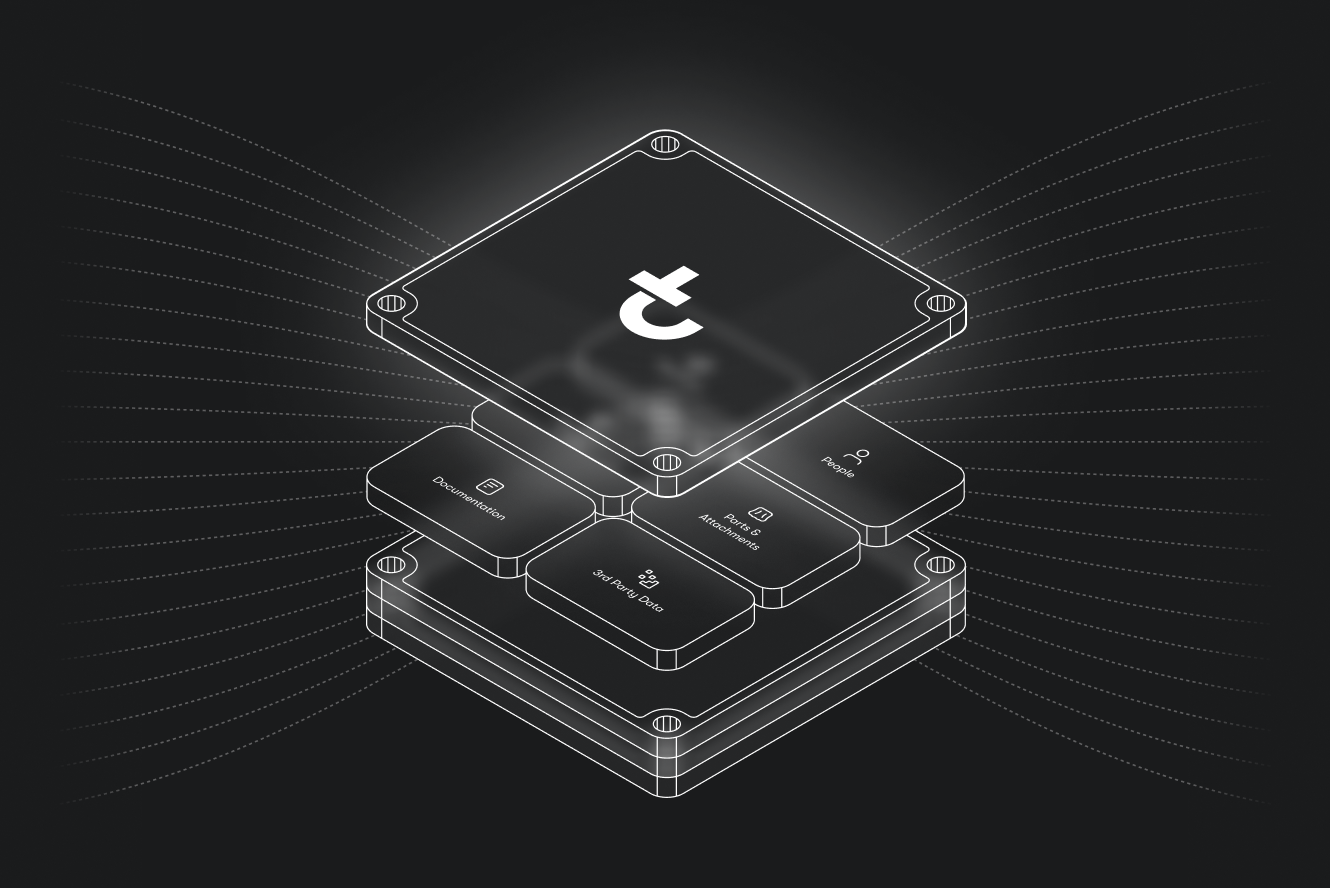 A glowing cube with the letter t floats above stacked labeled blocks on a dark background, symbolizing construction IoT with dotted lines radiating outward.