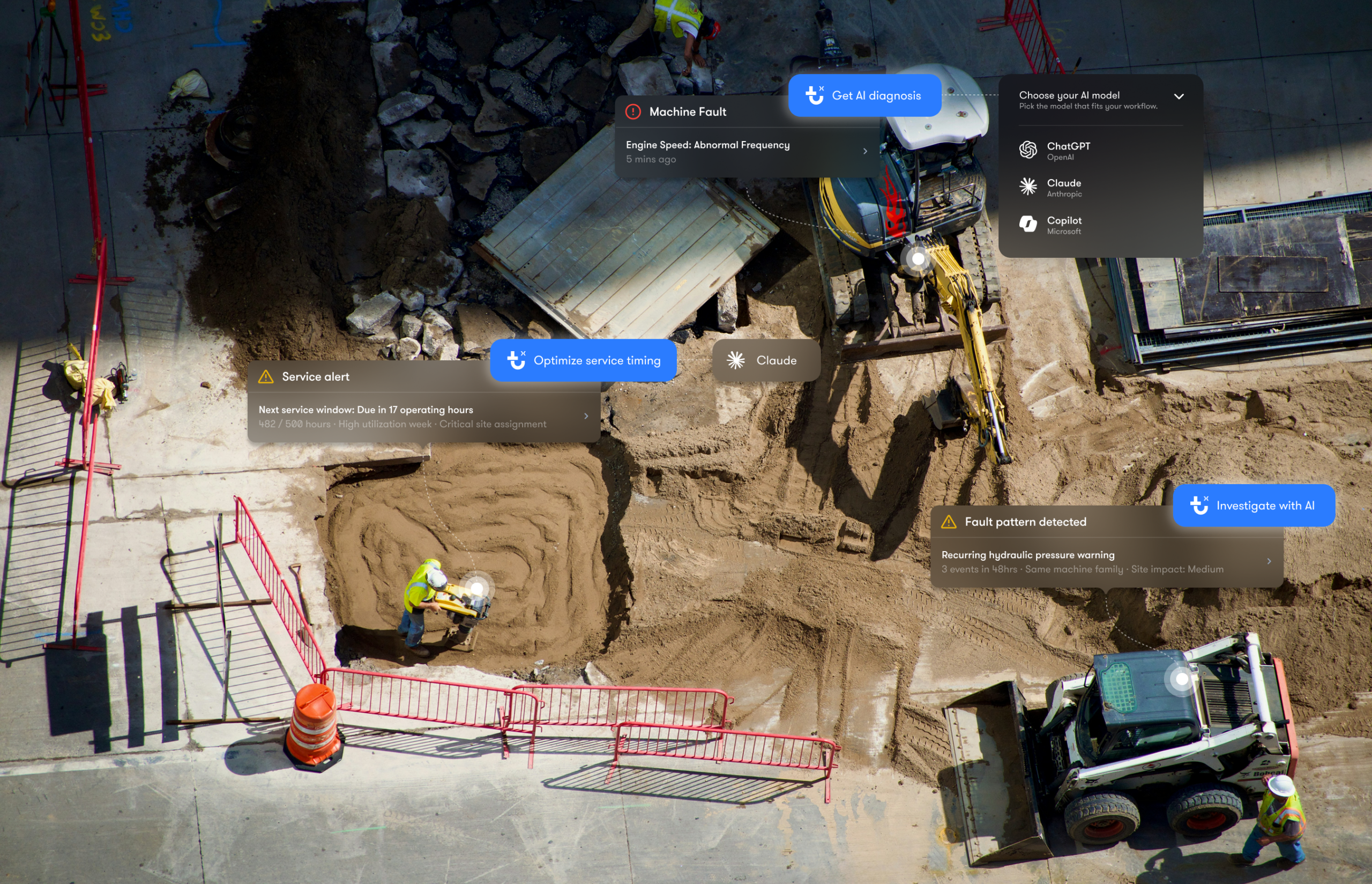 Aerial view of a construction site with workers and machinery, overlaid with digital notifications showing equipment maintenance alerts and diagnostics, illustrating connected jobsite technology.