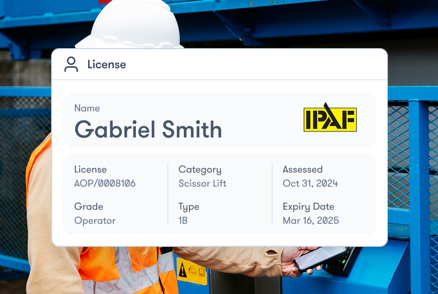 A worker in safety gear holds an access card beside a digital IPAF license for Gabriel Smith, showing details and expiry date.