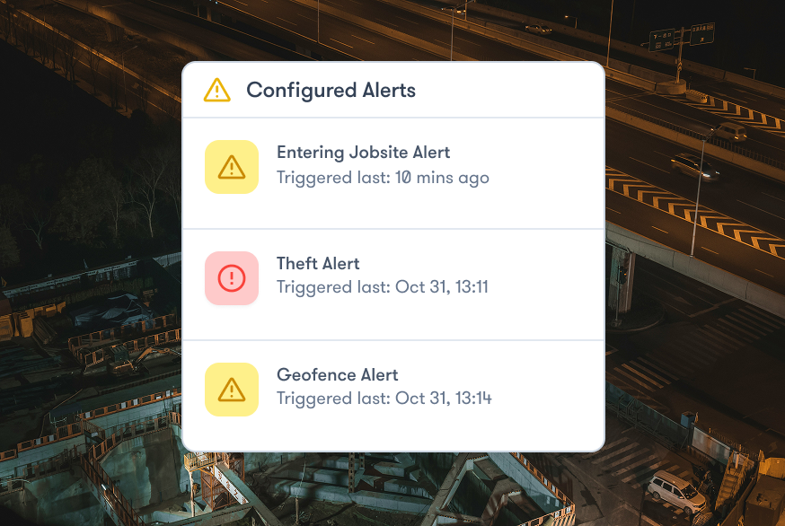 A notification panel shows three recent alerts—Entering Jobsite, Theft, and Geofence—over a construction site. Connected jobsite.