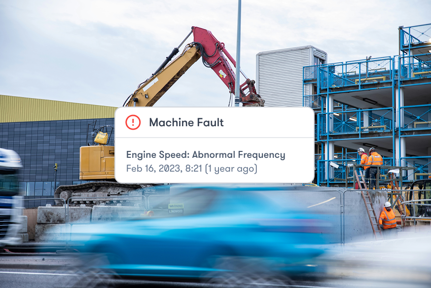 Construction site with workers and machinery. Digital alert shows machine fault: abnormal engine speed. Connected jobsite.