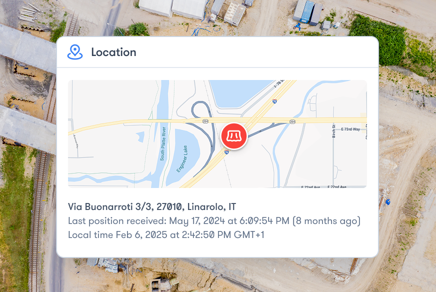 A map displays a tracked location in Linarolo, Italy, with last update details over a construction site for equipment tracking.