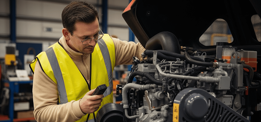 A man in a yellow safety vest inspects an engine with a diagnostic tool in an industrial workshop, focused on construction equipment tracking.