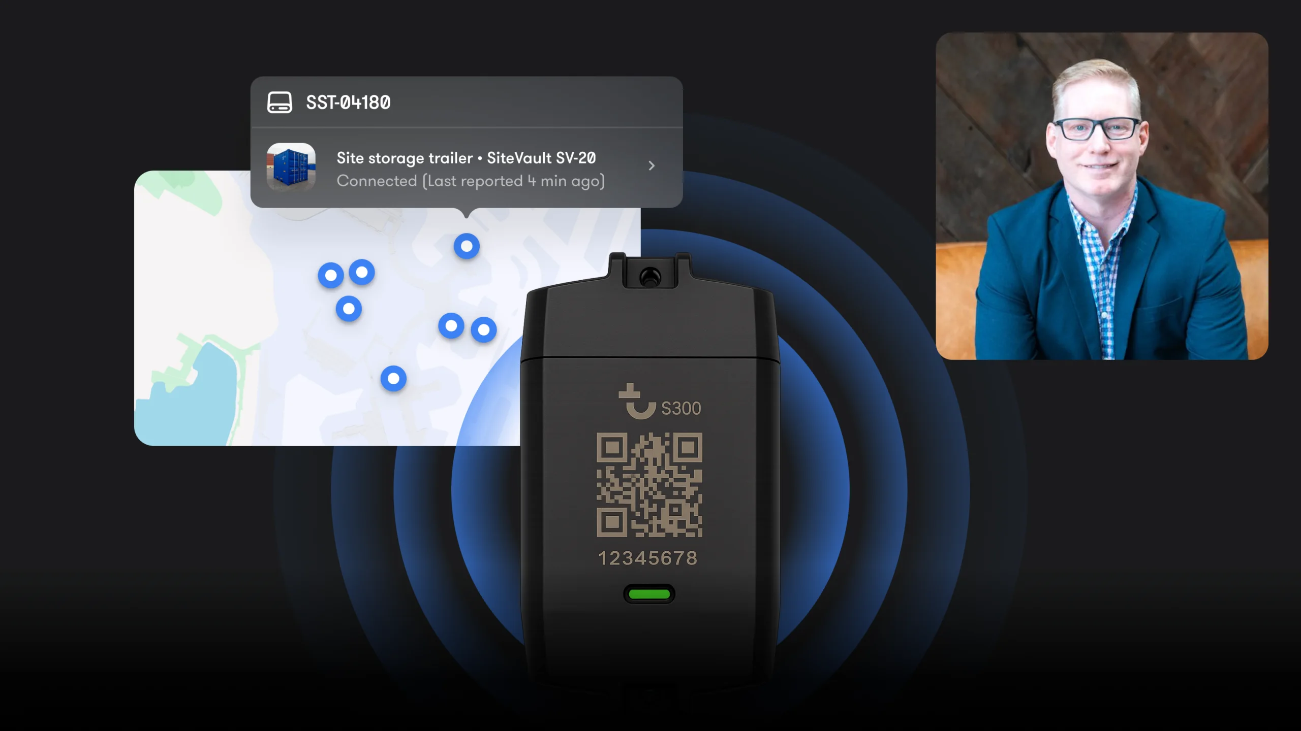 A GPS tracker sits in front of a digital map showing construction equipment tracking for contractors, with an inset portrait of a man in a blazer.
