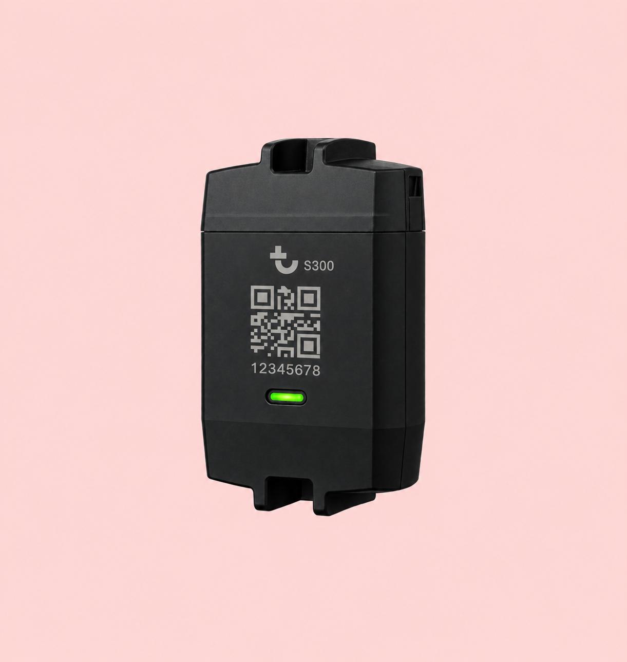 A black S300 device with a QR code, number 12345678, and glowing green indicator on a light pink background, used for construction equipment tracking.
