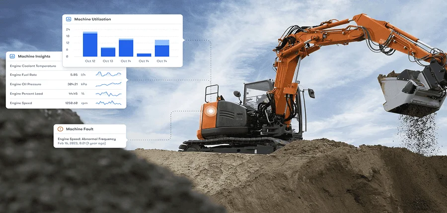 An orange excavator working on a pile of dirt, with an overlaid digital dashboard showing machine utilization, engine data, and fault alerts for fleet management.