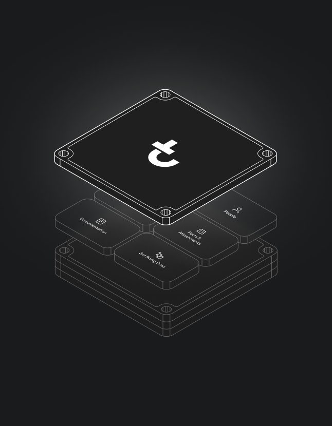 A stylized illustration of a black computer chip with a white symbol, floating above four tiles labeled Decentralized, API-ready, Lightning, and Private on a dark glowing background, suggesting construction IoT.