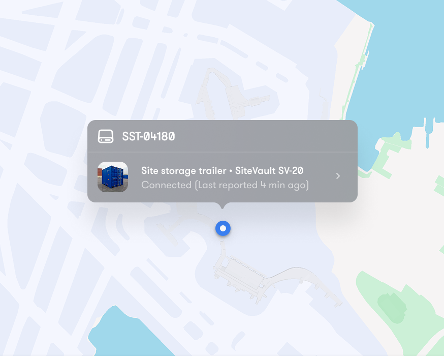 A map features a blue location marker with a popup showing SST-04180, a site storage trailer icon, SiteVault SV-20, and Connected (last reported 4 min ago), near water and dock areas—illustrating construction equipment tracking.