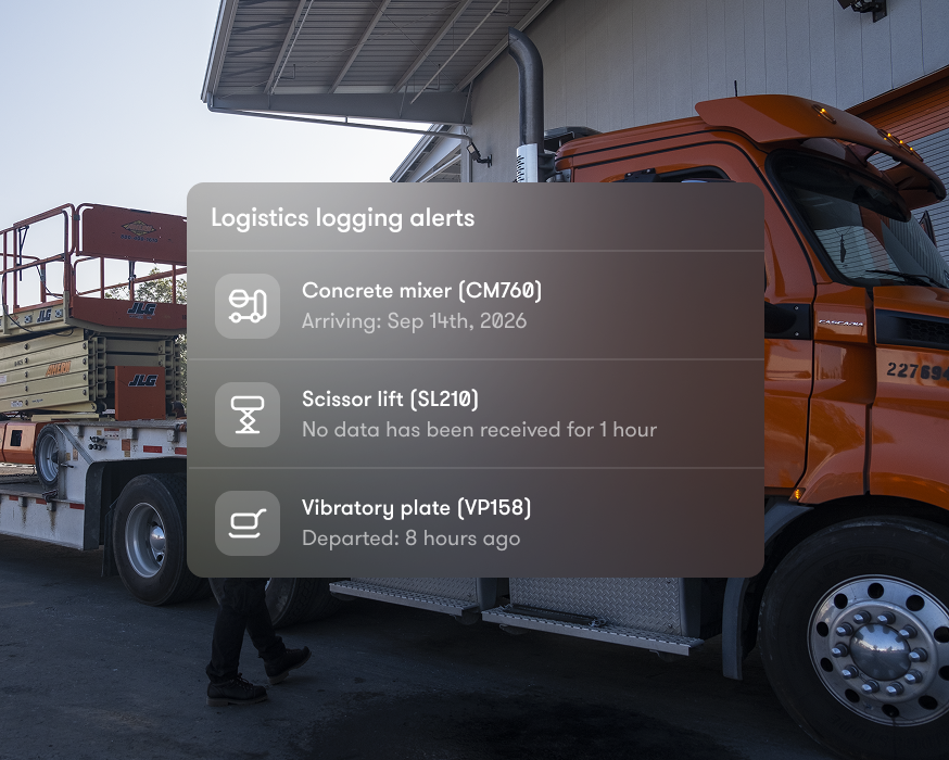 A logistics alert overlay shows updates on construction equipment as a worker stands beside an orange truck, highlighting a connected jobsite.