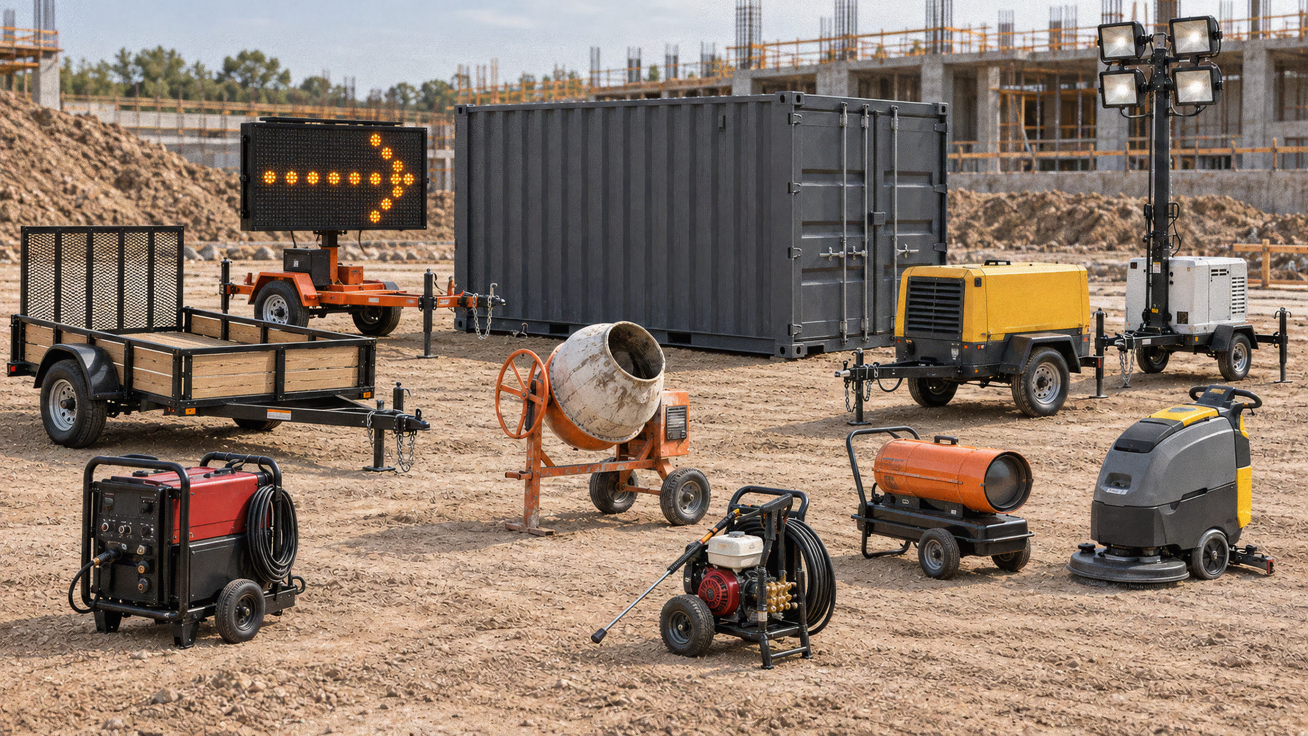 Construction and industrial equipment like trailers, generators, a mixer, light tower, heater, and arrow road sign are organized on a dirt lot at a building frame construction site, illustrating connected jobsite.