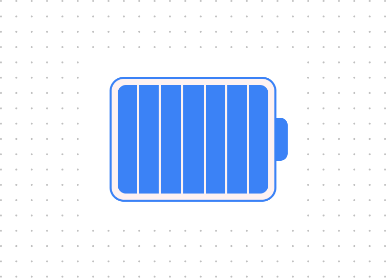 A blue battery icon with vertical bars is centered on a light gray, dotted background, representing construction equipment tracking.