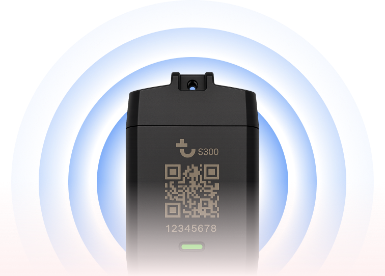 A black electronic device with a QR code, numbers, and a green light is shown emitting blue waves, suggesting wireless communication for construction equipment tracking.