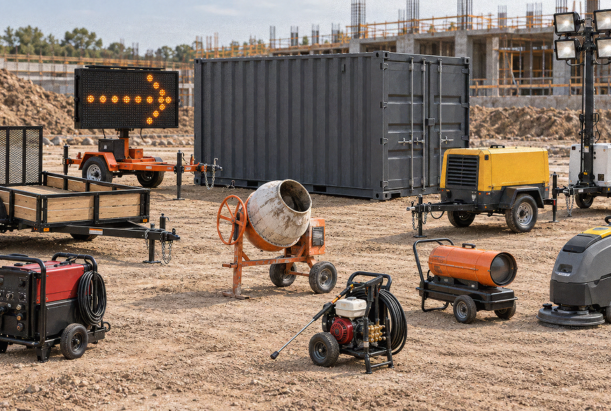 Construction site with equipment including a cement mixer, generator, heater, light towers, arrow sign trailer, and shipping container, with building framework and dirt piles in the background, illustrating construction equipment tracking.
