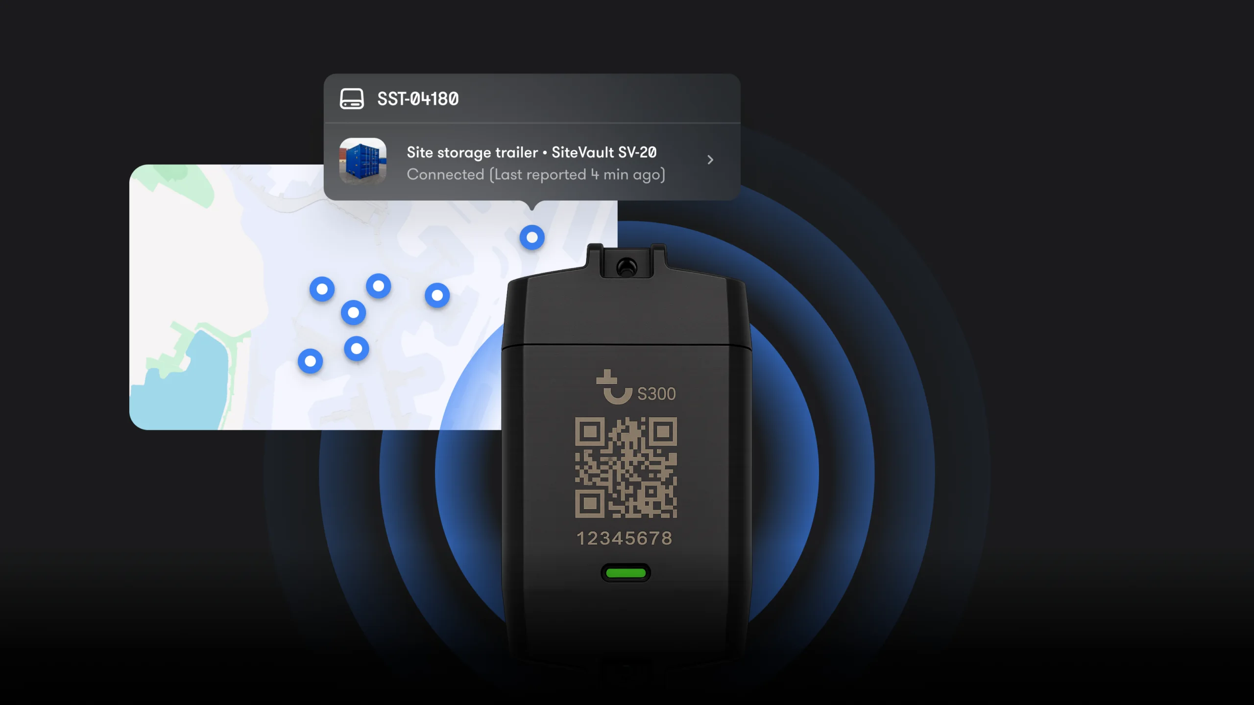 A Trackunit Spot S300 asset tracker with a QR code and status notification, monitoring a site storage trailer for construction equipment tracking.
