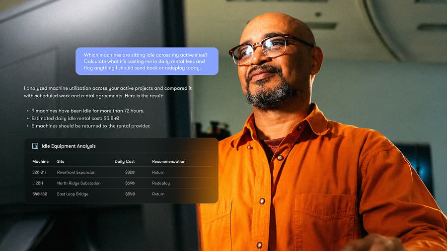 A man in an orange shirt reviews an idle equipment analysis report on a screen, using MCP for construction equipment tracking to monitor machine IDs, site costs, and redeployment recommendations.