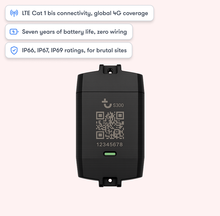 S300 construction equipment tracking device with a QR code and status light, featuring LTE connectivity, seven-year battery life, and IP69 durability for construction.