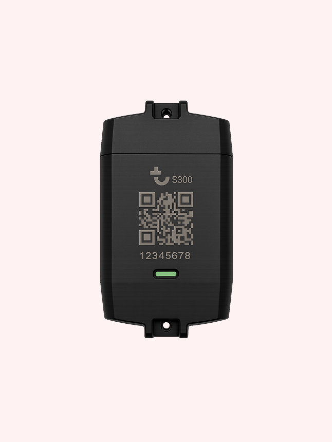 Black S300 telematics tracking device with a QR code and green status light.