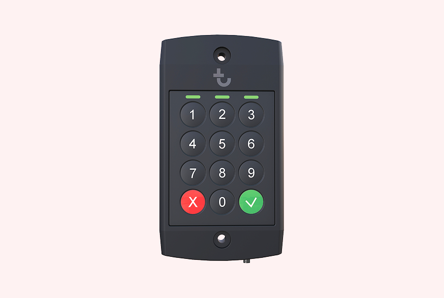 A black wall-mounted keypad with a numeric interface for telematics and equipment access control.