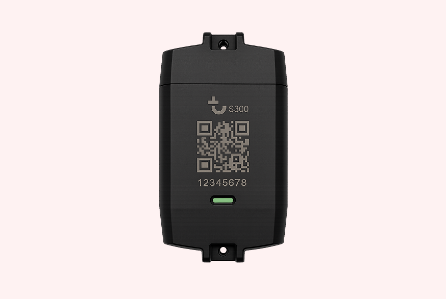 Black S300 telematics tracking device featuring a QR code, unique ID, and a green status light.