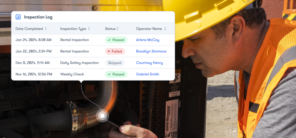 A construction worker in safety gear inspects heavy machinery, with an Inspection Log overlay showing inspection dates, types, status, and operator names—highlighting construction equipment tracking.