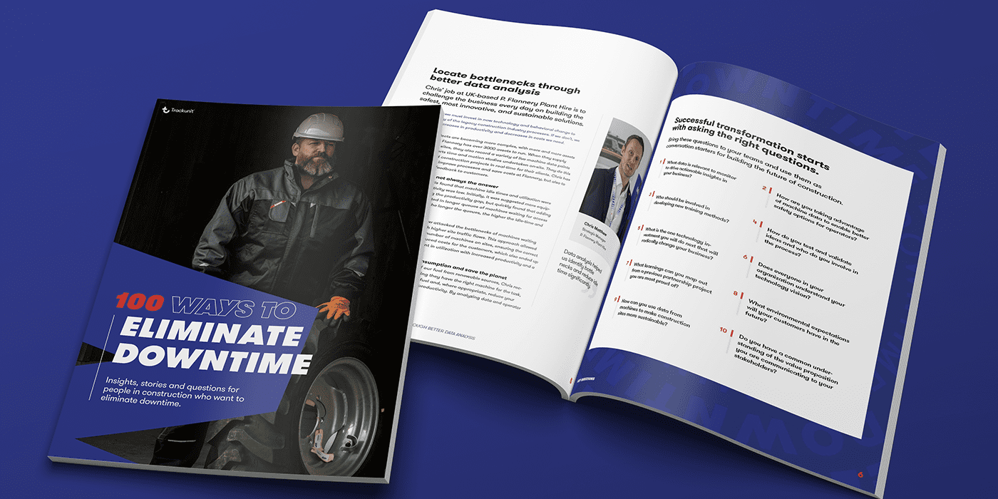 Open brochure titled 100 Ways to Eliminate Downtime featuring a construction worker on the cover and interior pages with questions about construction IoT.