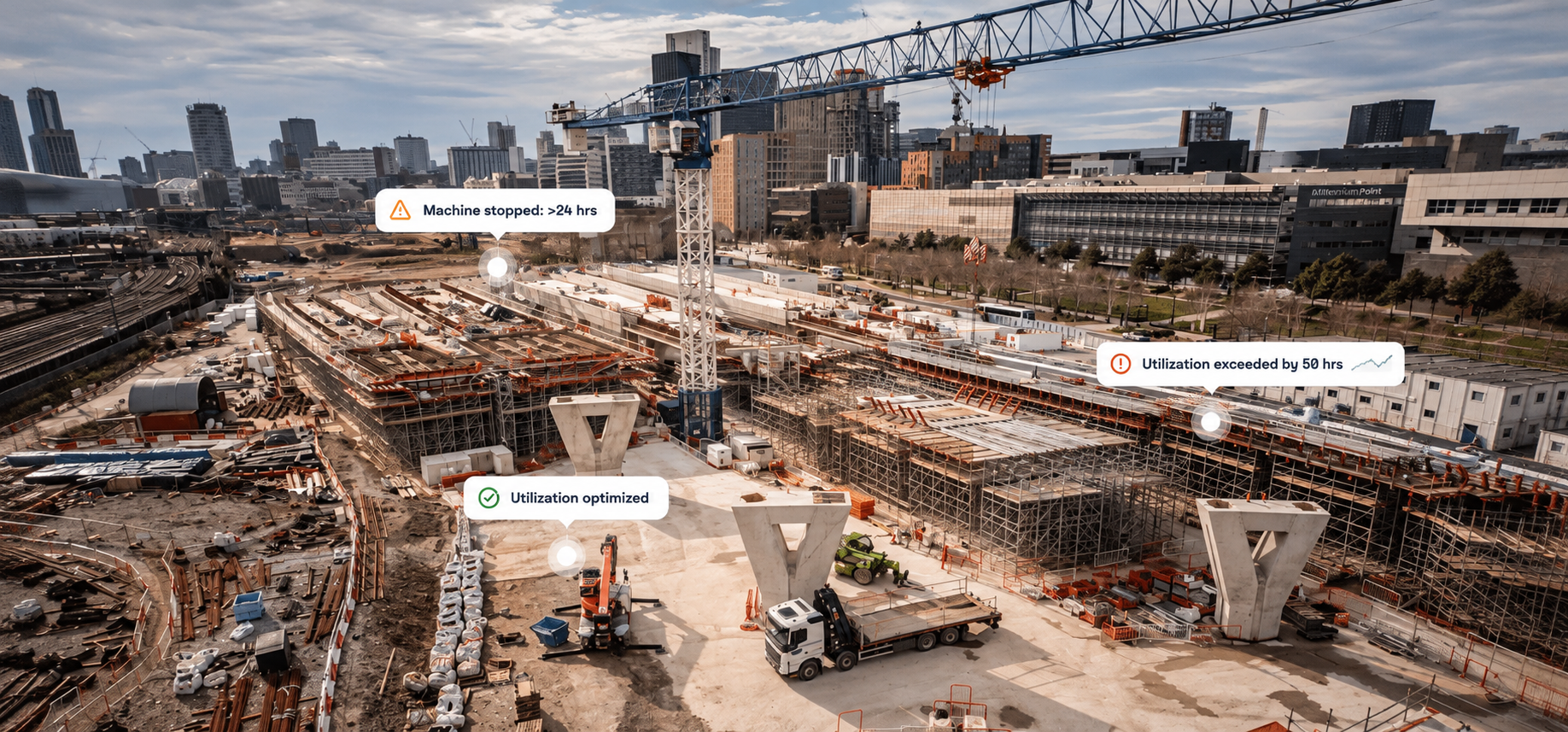 Aerial view of a connected jobsite with digital data overlays tracking equipment status, illustrating how eliminating downtime still depends on trust.