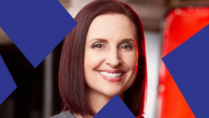 A woman with straight dark red hair smiles, overlaid with blue shapes and equipment rental icons, hinting at construction equipment tracking.