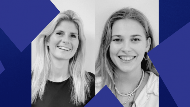 Two women smiling in black and white portraits, side by side with blue geometric frames, highlighting diversity on a connected jobsite.