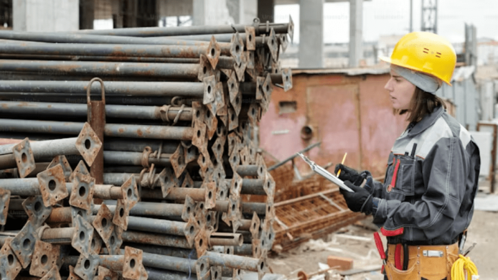 A construction worker in safety gear notes on a clipboard by metal pipes, checking sustainability at a connected jobsite.