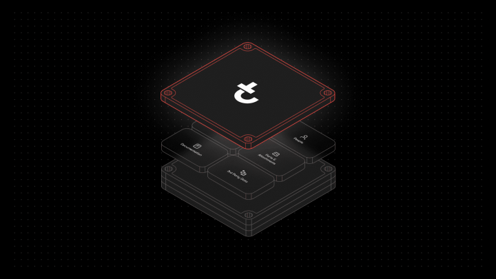 Abstract illustration of stacked computer chips on black, top chip in red with white t logo, lower chips show data and security icons.