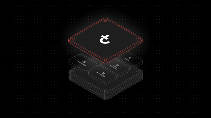 Abstract illustration of stacked computer chips on black, top chip in red with white t logo, lower chips show data and security icons.