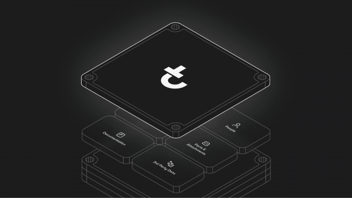 A stylized microchip with the Tether (₮) logo above blocks labeled with data and payments terms, set on a dark background.