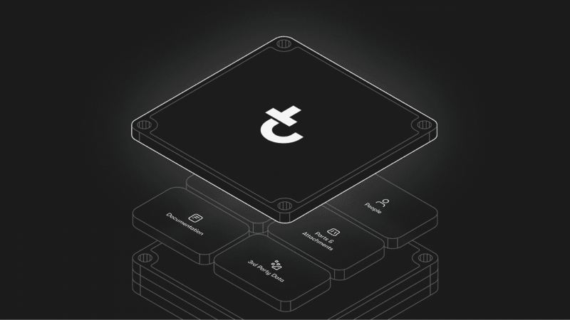 A stylized microchip with the Tether (₮) logo above blocks labeled with data and payments terms, set on a dark background.