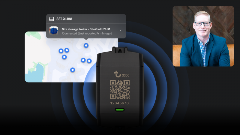 A digital key fob with a QR code is shown over blue radio waves, symbolizing unpowered equipment tracking for contractors. A map with location pins appears on the left, while a man in a blue jacket smiles during a video call on the right. Trailer tracking details are overlaid, illustrating construction equipment tracking.