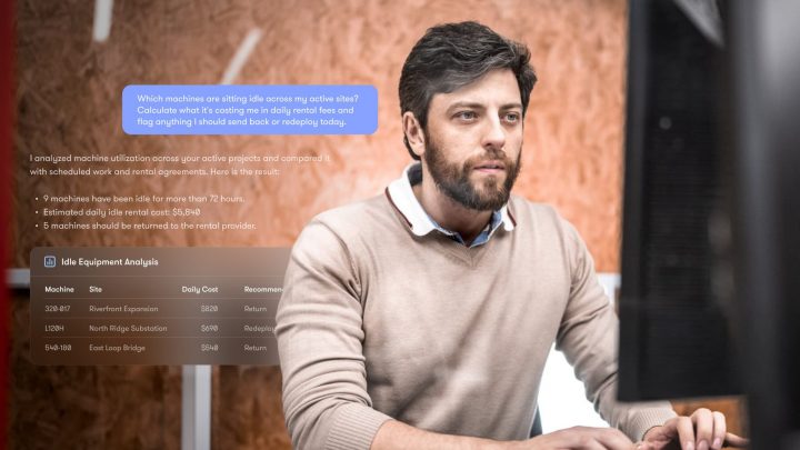 A man reviews an idle equipment analysis report on a computer screen, using MCP for construction fleet management.