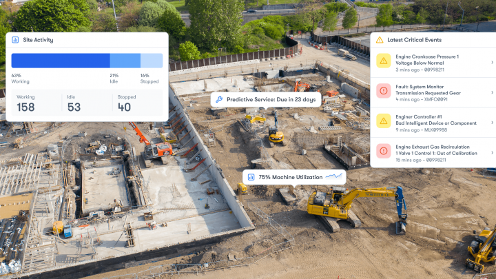Construction site with excavators and workers, plus digital dashboards displaying fleet management and real-time equipment data.