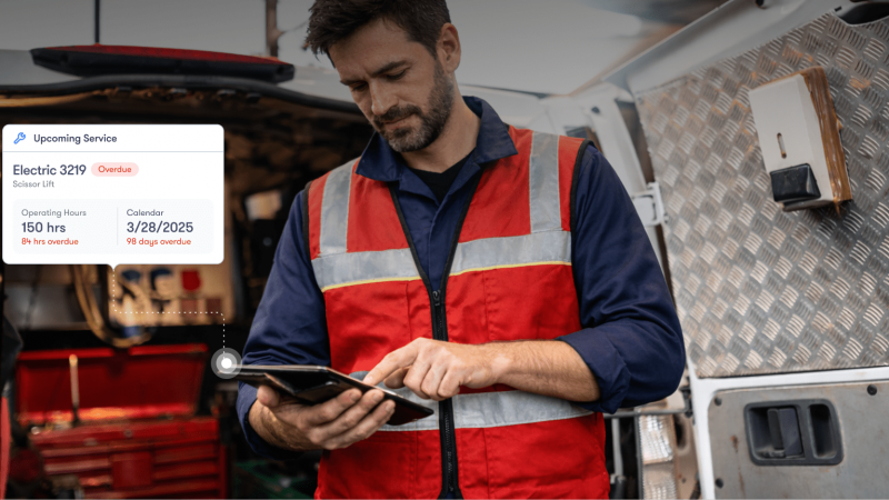 A male technician in a red safety vest uses a tablet by an open van; overlays show service details, hours, and calendar for fleet management.