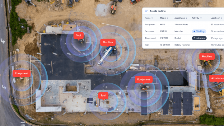 Aerial view of a construction site with zones labeled and digital overlay showing equipment status updates via telematics.