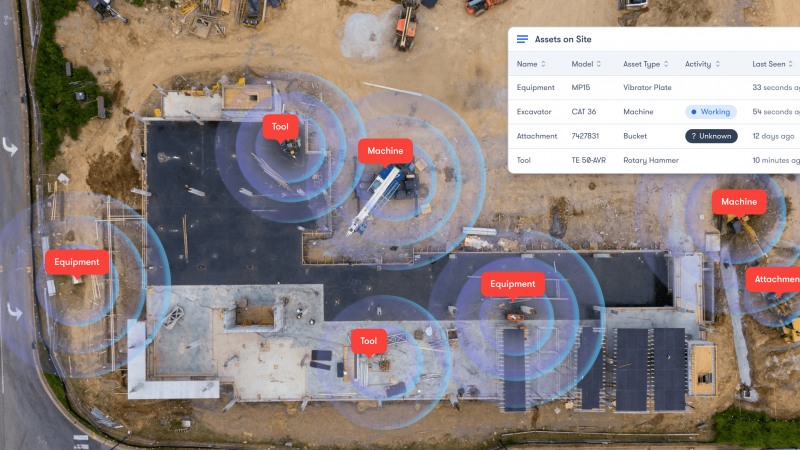 Aerial view of a construction site with zones labeled and digital overlay showing equipment status updates via telematics.