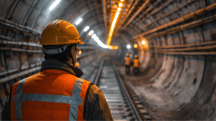 A construction worker in a hard hat and orange vest stands on tracks in an illuminated tunnel, part of a connected jobsite.