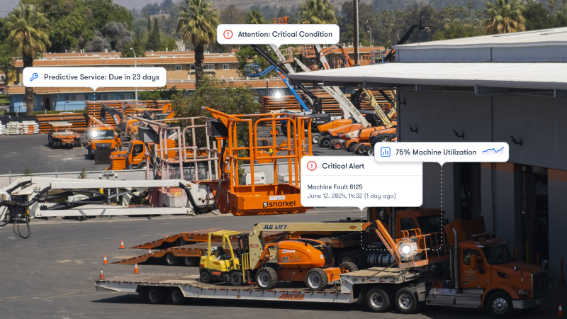 A construction equipment yard with orange lifts, trucks, and digital labels for alerts like critical conditions and machine faults, highlighting smarter fleet management.