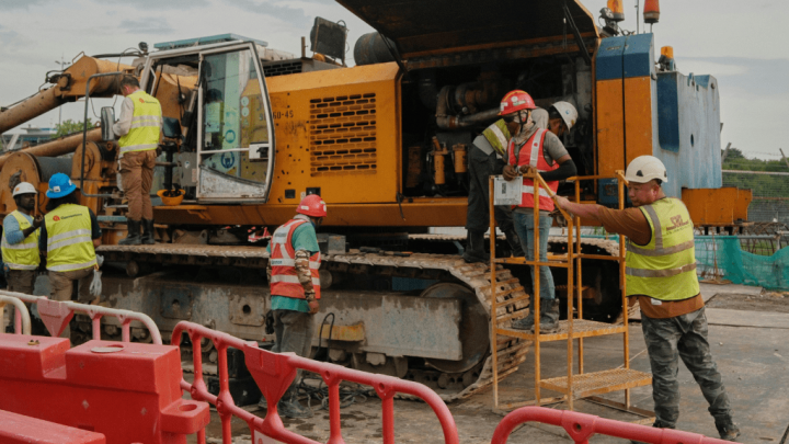 Construction workers in safety vests operate a yellow drilling machine with telematics at a busy site, showcasing connected jobsite.