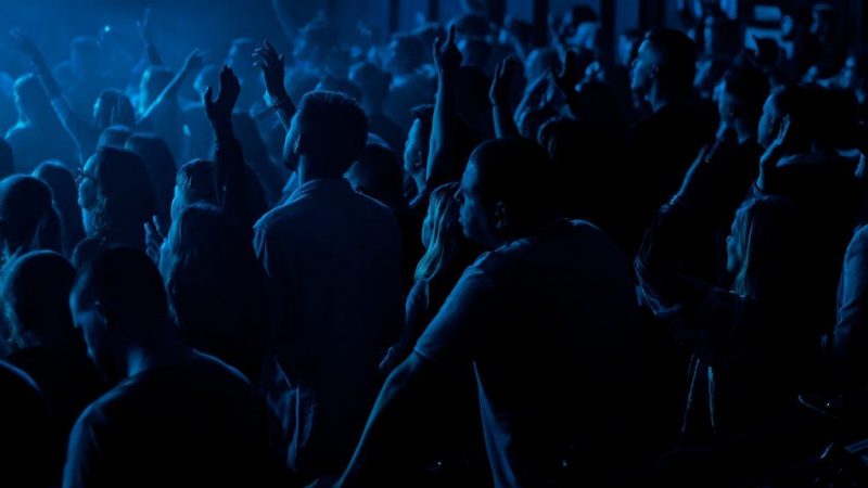 A blue-lit concert crowd enjoys seamless music transitions, eliminating downtime like connected jobsites streamline construction.