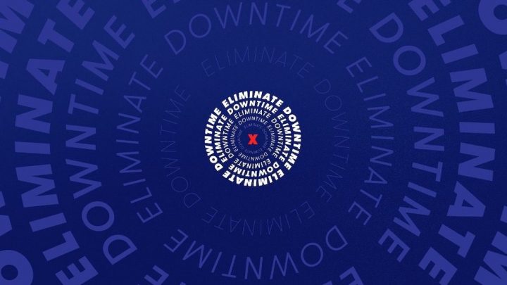Blue graphic with "eliminate downtime" spiraling around a red X, emphasizing reducing downtime for connected jobsite efficiency.