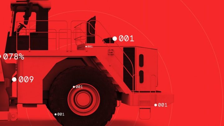 Stylized construction vehicle in profile on red, with data points and numbers highlighting Schneider Electric tech for construction IoT.