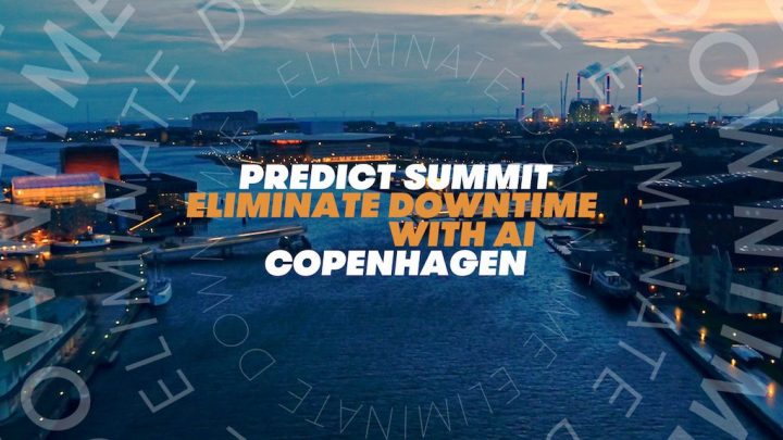 Aerial view of Copenhagen at sunset with city lights and water, promoting AI-powered fleet management; text emphasizes eliminating downtime.