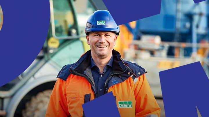 A smiling construction worker in safety gear stands by equipment, with blue graphics highlighting the industry's focus on fleet management.